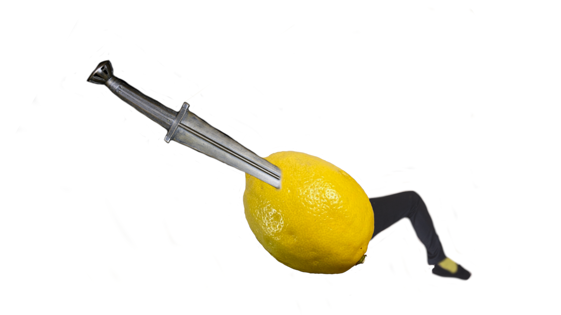 Conceptual collage of a lemon pierced by a sword with a human leg extending behind it.