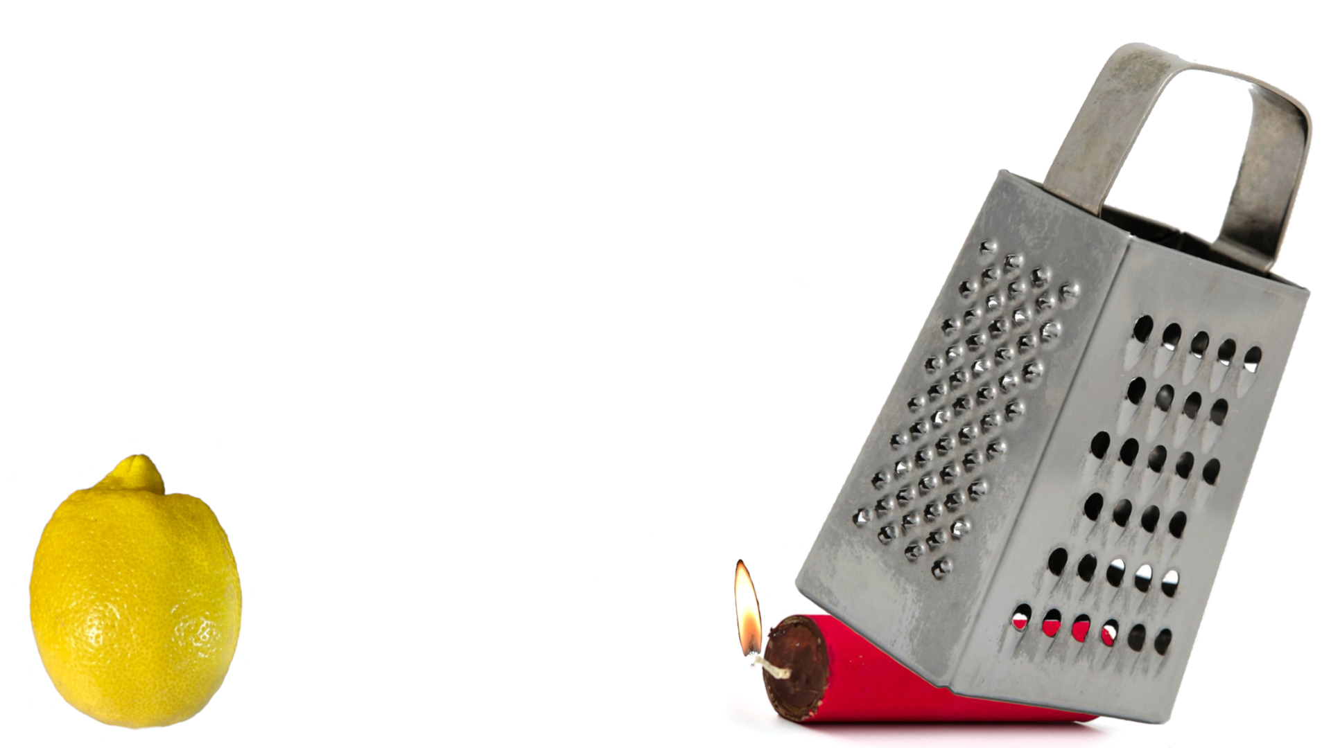 A lemon faces a tilted box grater balanced on a lit red explosive.