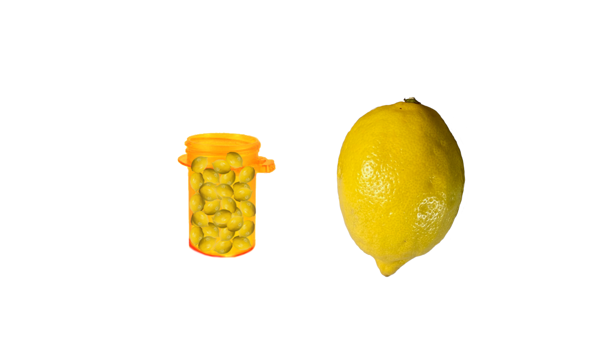 A lemon stands next to a pill bottle full of mini lemons.