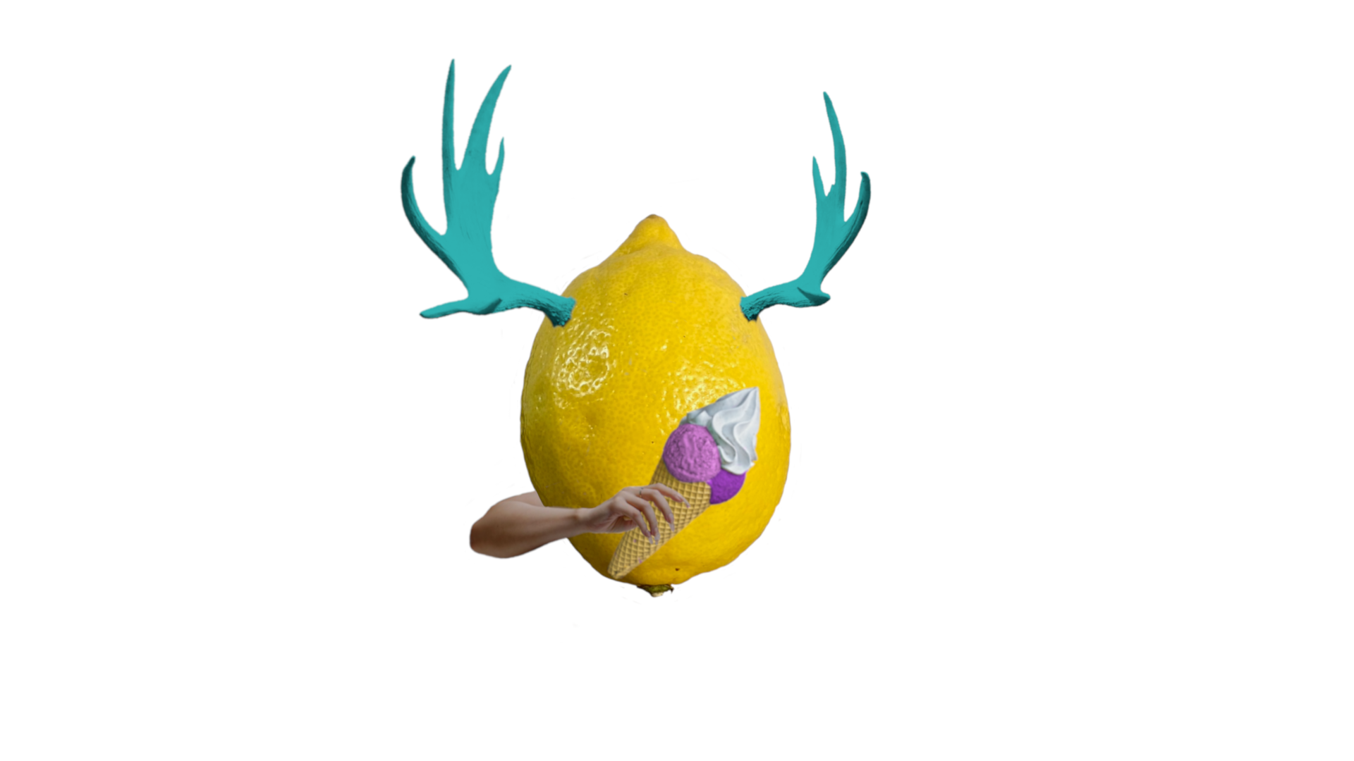 A lemon with turquoise antlers eats an ice cream cone.
