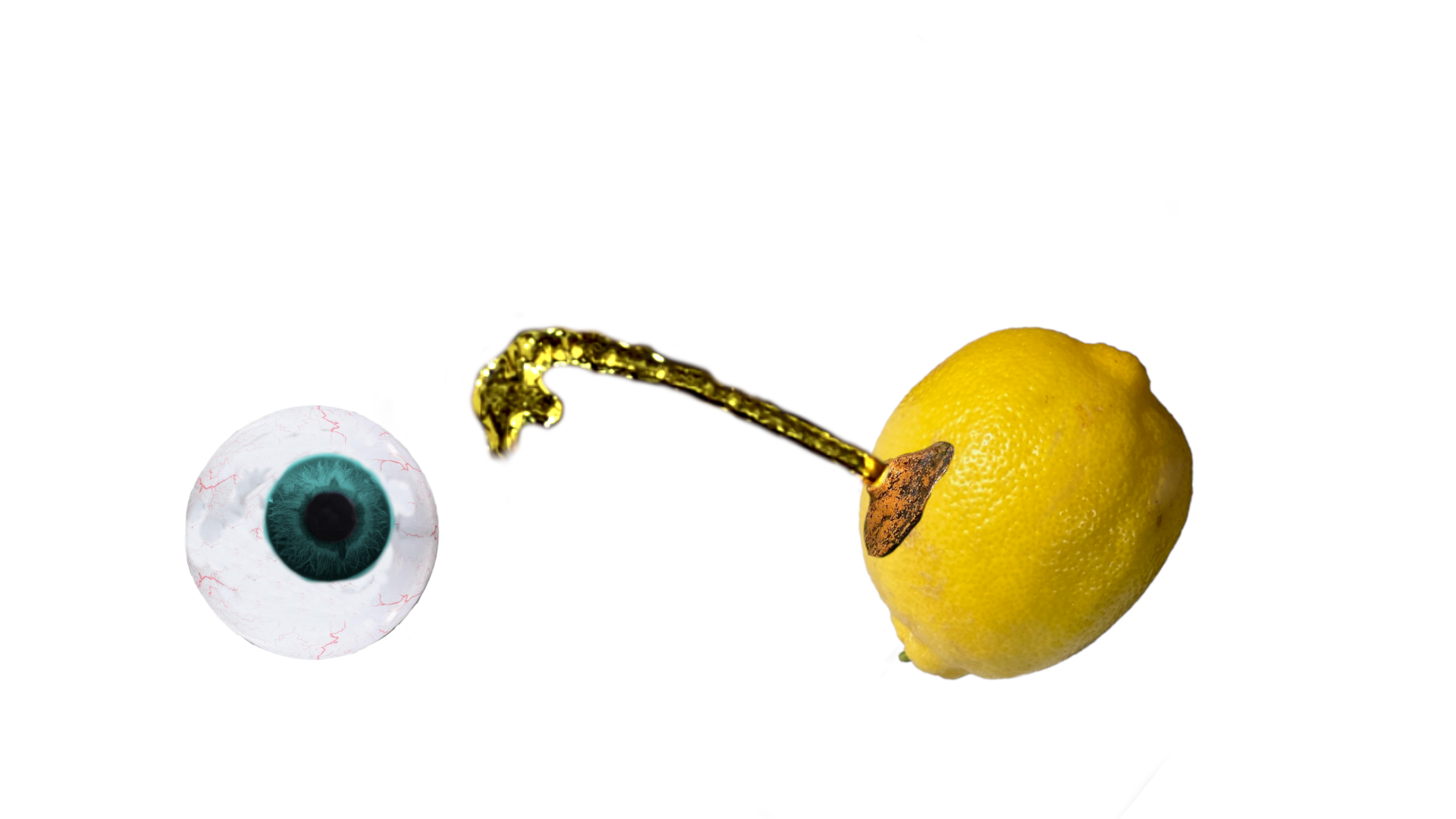 A lemon on the right and an eyeball on the left. The lemon sprays juice on the eyeball.