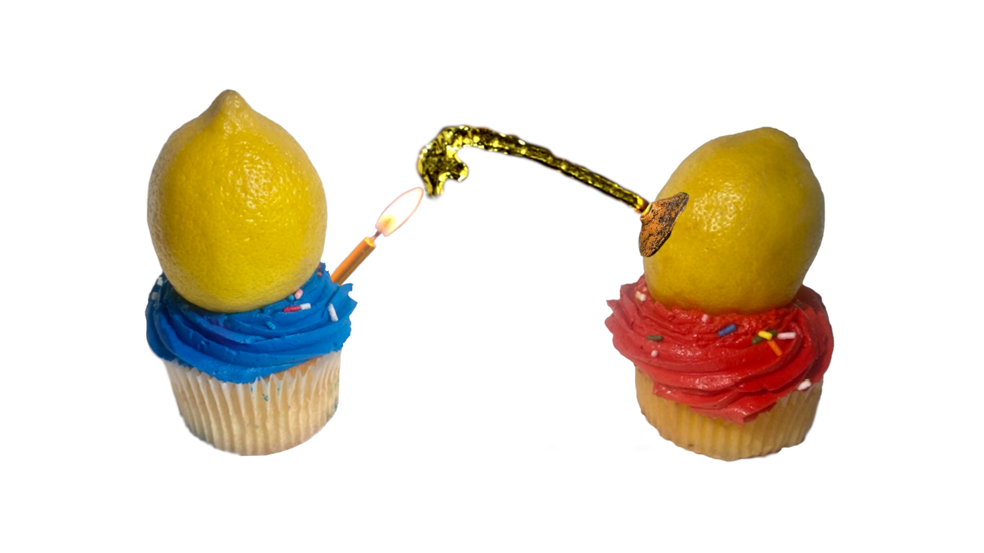 A lemon on a blue cupcake with a candle and a lemon on a red cupcake spraying juice onto the candle.