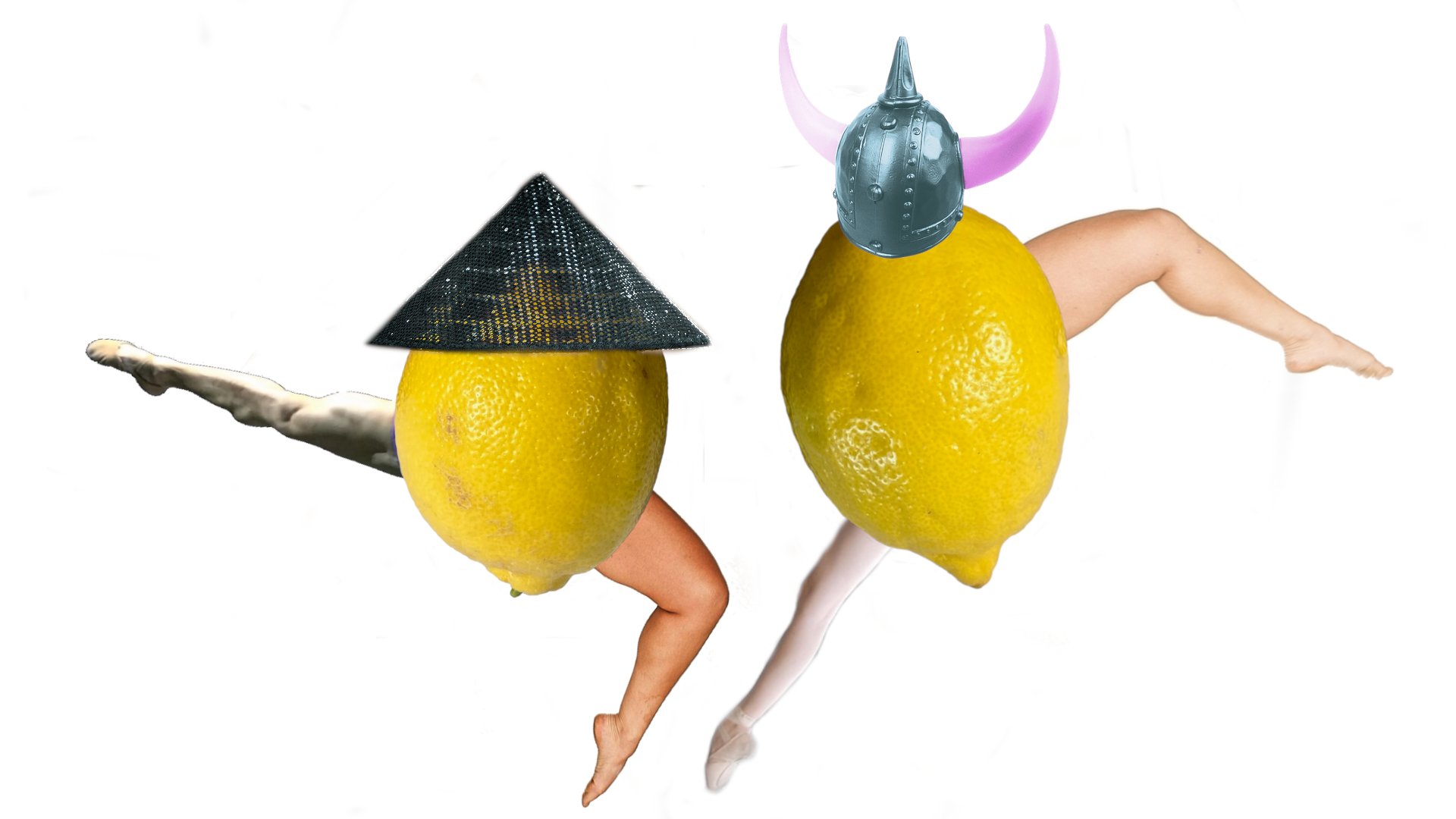 Lemon dance battle. Conceptual collate of two lemons with with human legs, one wearing a conical hat and the other wearing a Viking helmet.