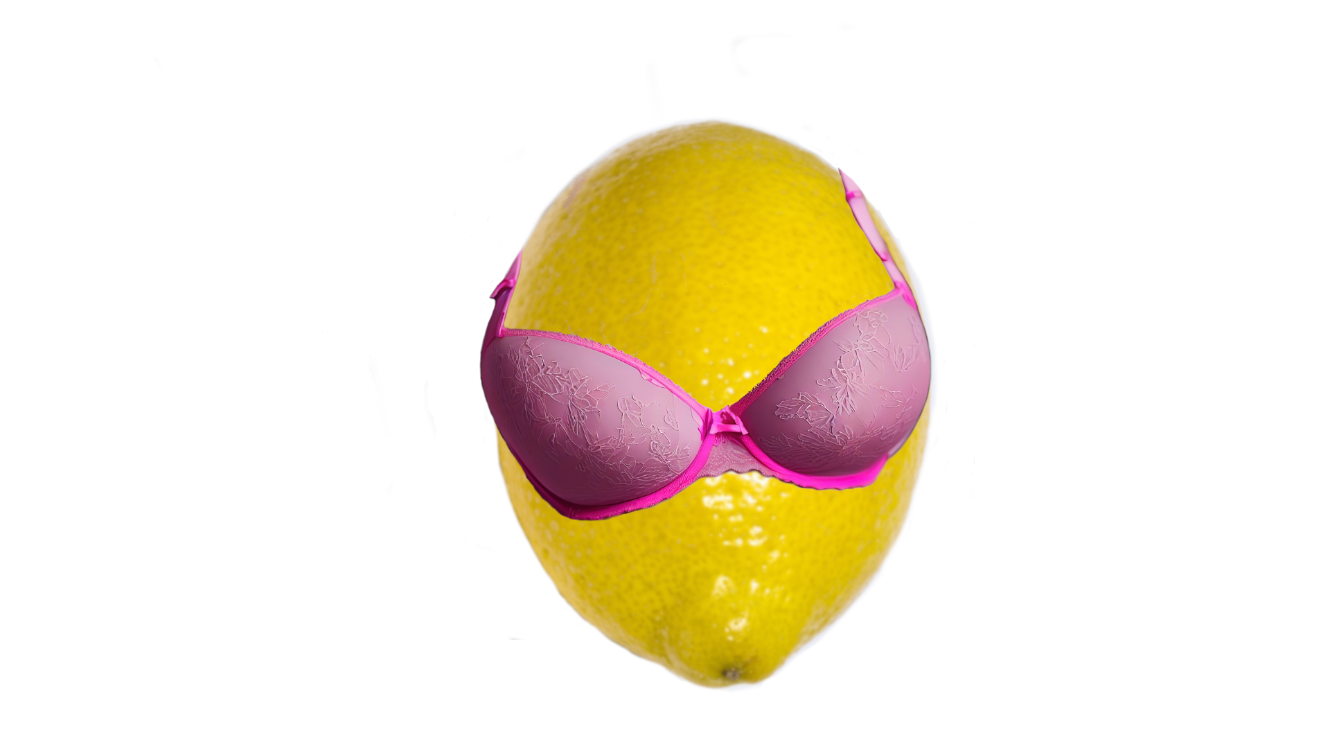 Lemon wearing a pink bra against a white background.