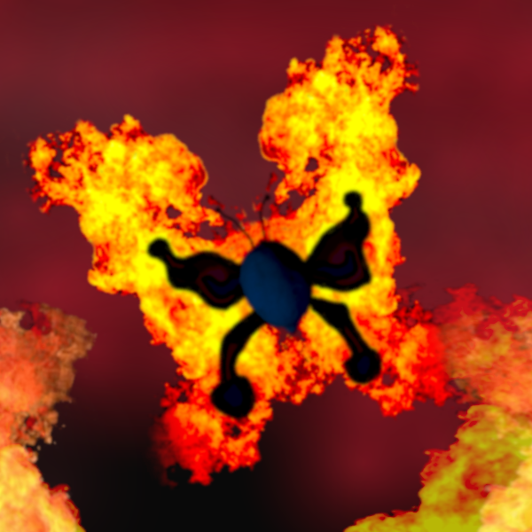 A butterfly surrounded by flames in Hell.