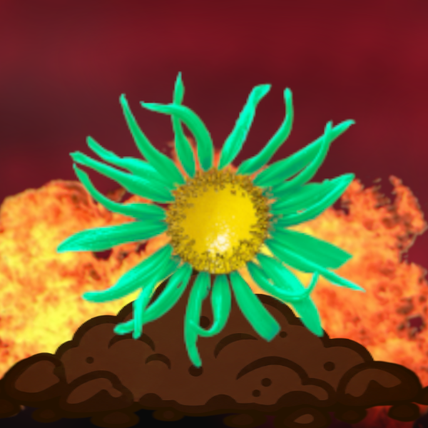 Bright green sunflower growing from soil in Hell with flames behind it.