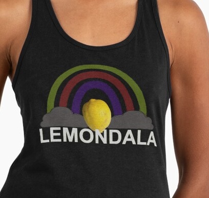 A dark rainbow with missing rays, dark clouds, a lemon sitting in front of it, and LEMONDALA underneath