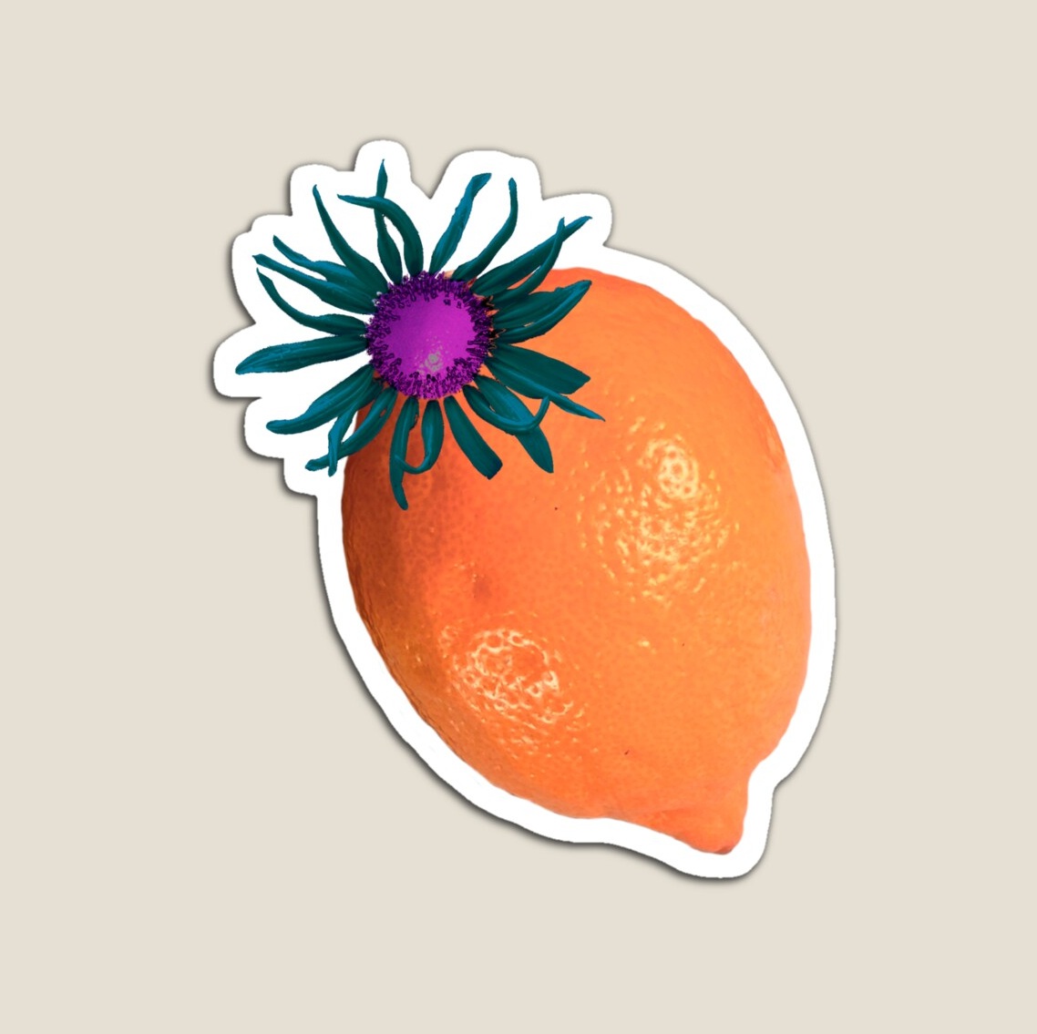 Orange Lemon with teal petals lemon sunflower with purple center magnet available on Redbubble