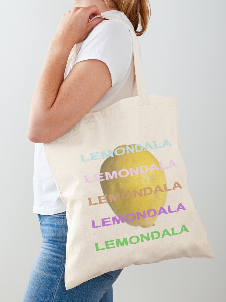 Lemondala five times vertically over a big lemon tote bag available on Redbubble